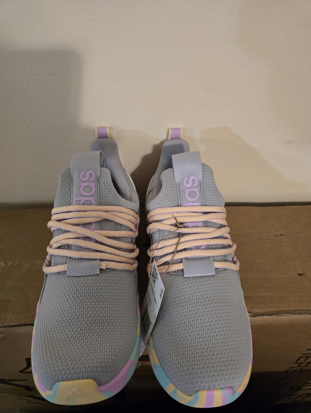 adidas Women’s Pastel Gray Slip-On Sneakers with Peach Laces